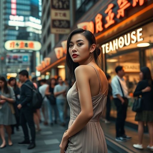 夜晚茶肆门口排队的热闹场面