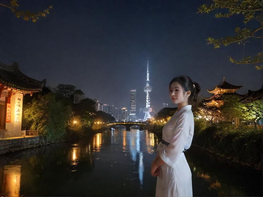 深圳罗湖夜晚的街景，霓虹闪烁，人流涌动