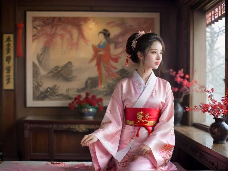 魅惑少妇在奢华卧室背景下的柔焦特写
