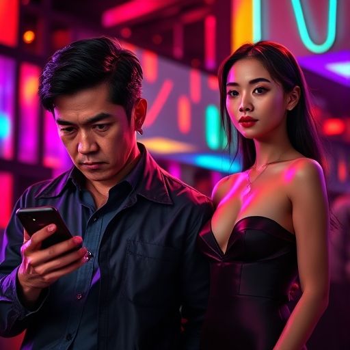 男子在夜场灯光下查看手机，表情怀疑