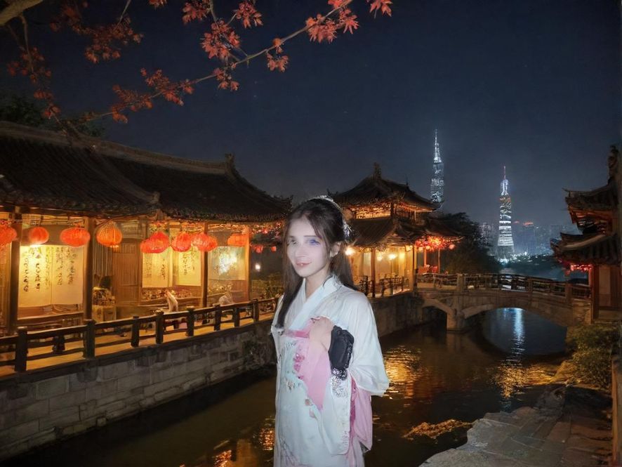 夜晚的城市中心，霓虹灯闪烁，展现都市的活力与魅力