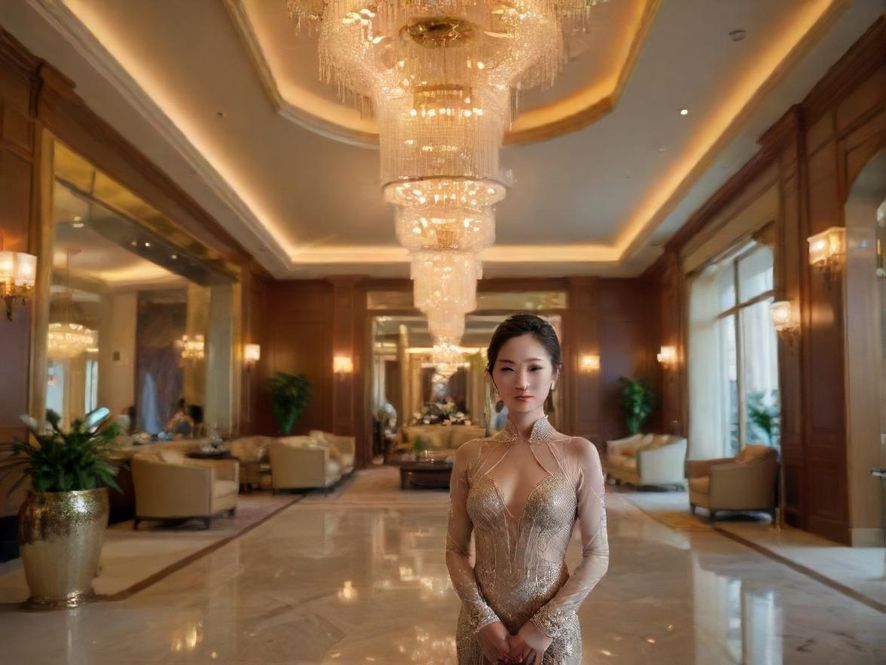 高端会所大堂，灯光柔和，环境奢华