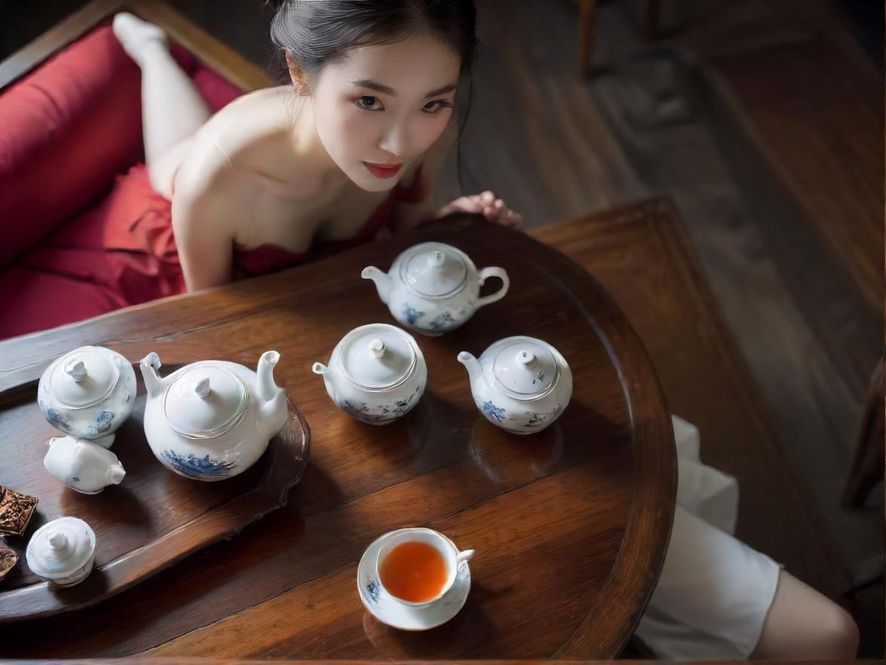 精致的茶具特写，暗示高端休闲体验
