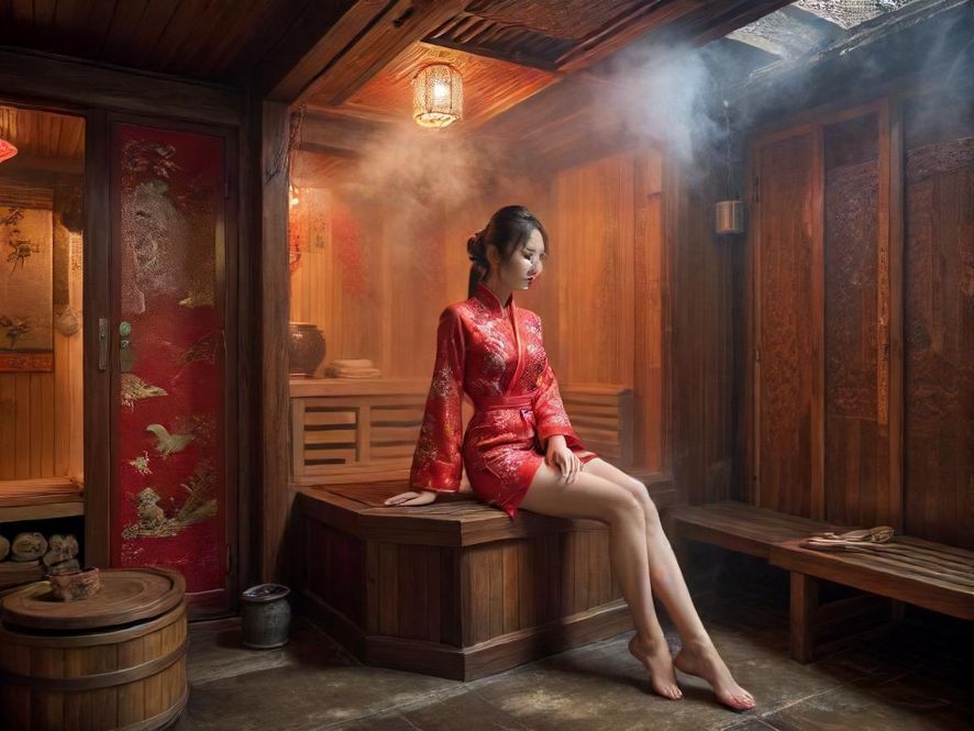 广州隐藏茶社的轴测视角照片，展示桑拿汗蒸区域的写实风格