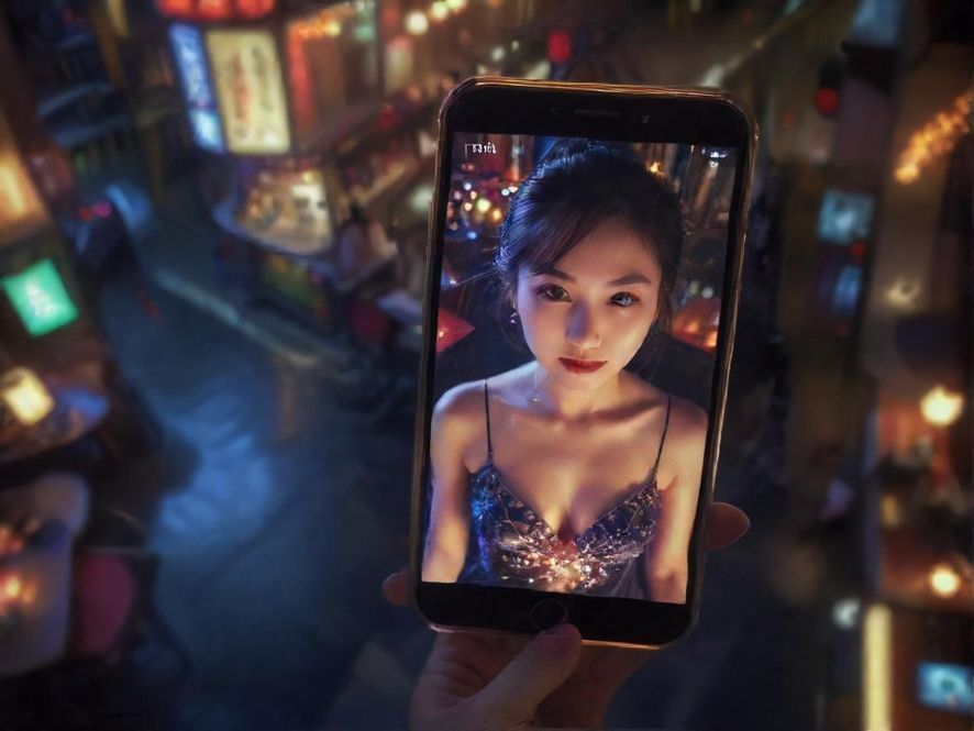 手机屏幕正在显示搜索结果，背景是夜场灯光