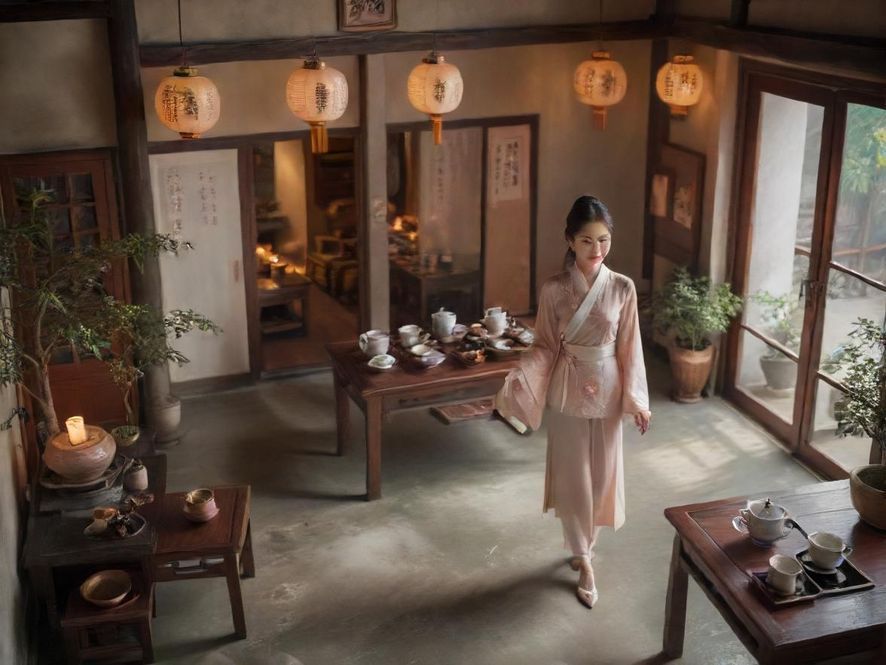 江南茶室中的品茶场景