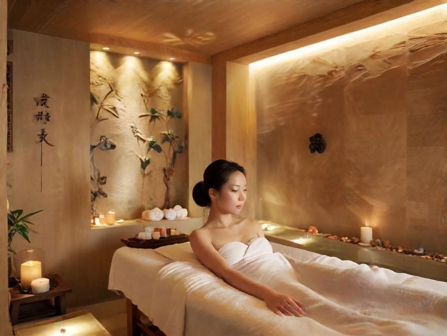 专业按摩师正在为顾客进行背部按摩,手法轻柔而专注,私密房间内暖色灯光营造出舒适氛围。