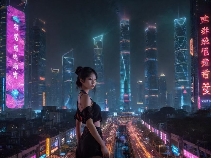 广州黄埔开发东区夜景,霓虹闪烁,充满现代都市气息