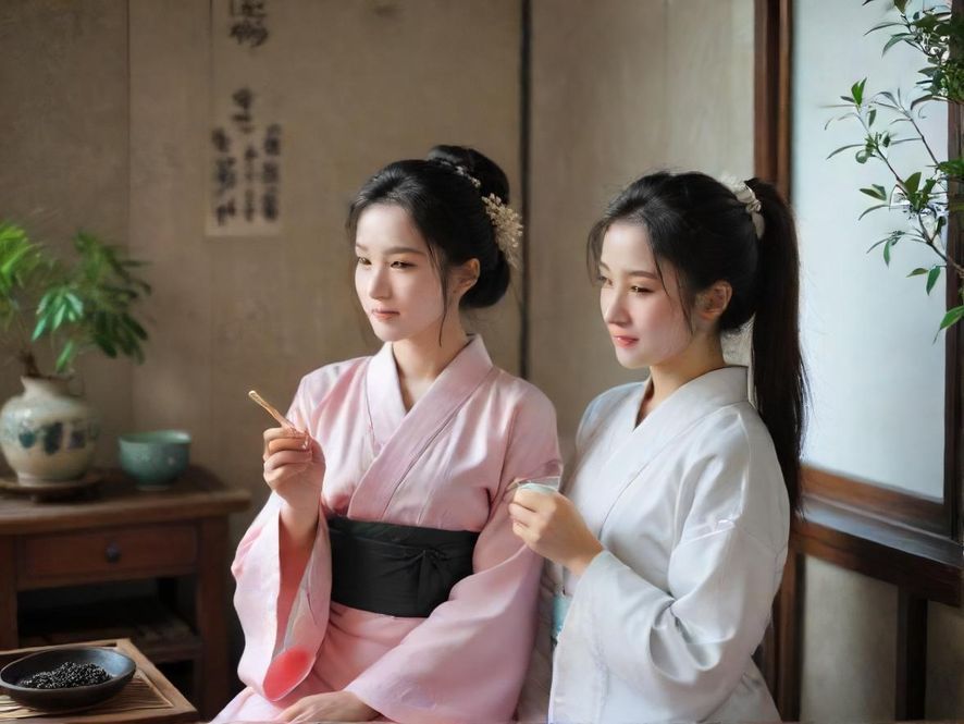 一位气质优雅的女士在古典茶室中品茗,侧脸特写,光影柔和,营造出宁静唯美的氛围。