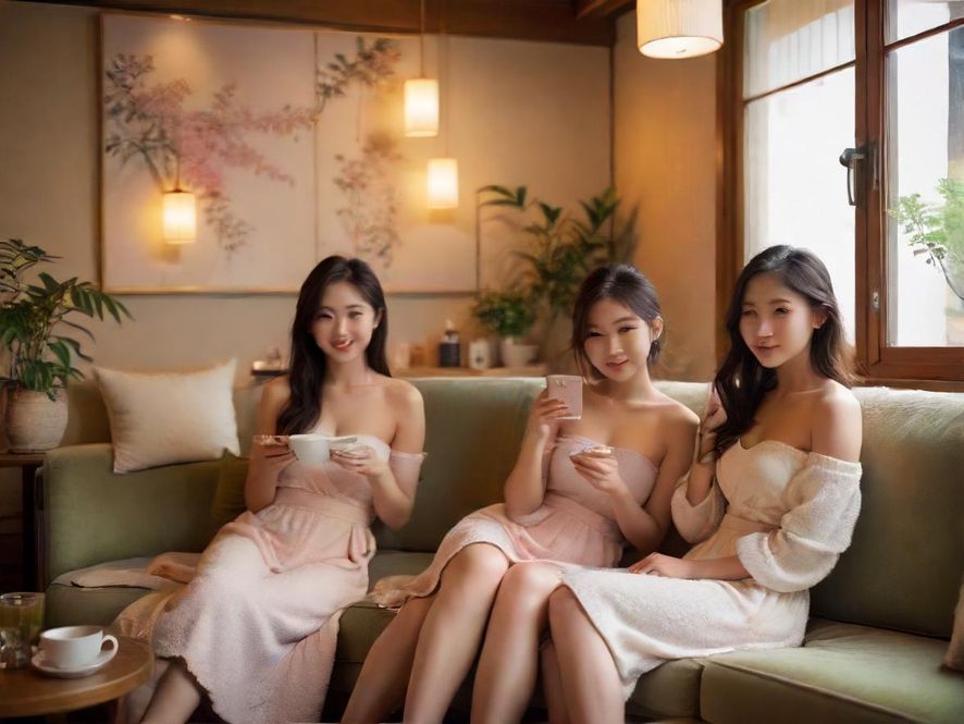 一间温馨舒适的茶室或咖啡馆,柔和的灯光营造出轻松愉悦的氛围