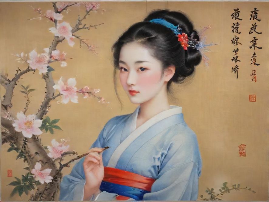 一名年轻女性坐在异国风情的海边沙滩上,轻松愉悦地使用平板电脑工作,背景是浪漫的日落和波光粼粼的大海。