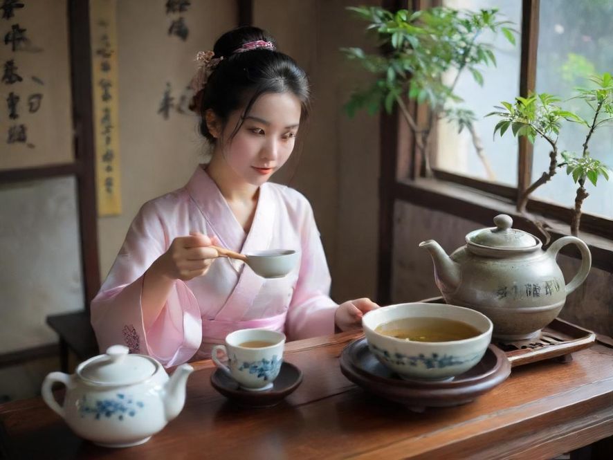 一位身着古典服饰的女子在雅致的茶室中,侧面视角展示她正在专注地泡茶,画面充满唯美与宁静的古典中式意境。