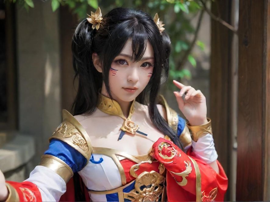 一位穿着精致女仆装的Coser,坐在整洁的卧室桌前,微笑着看向镜头,桌上摆放着一些可爱的二次元小物件。