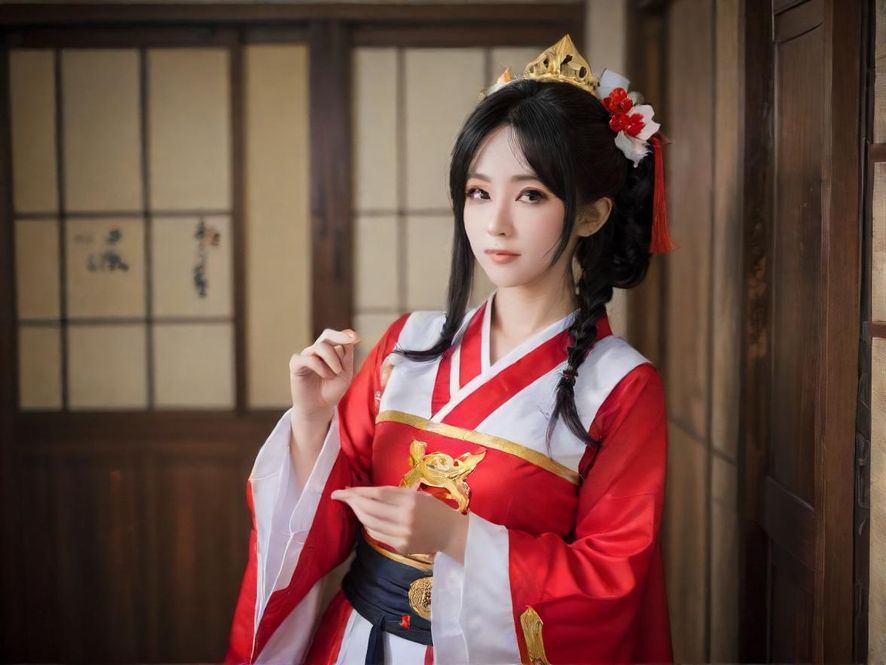 一位身着华丽Cosplay服装的美少女,在温馨的居家环境中,眼神充满期待地凝视着前方,仿佛在等待一场专属的约会。