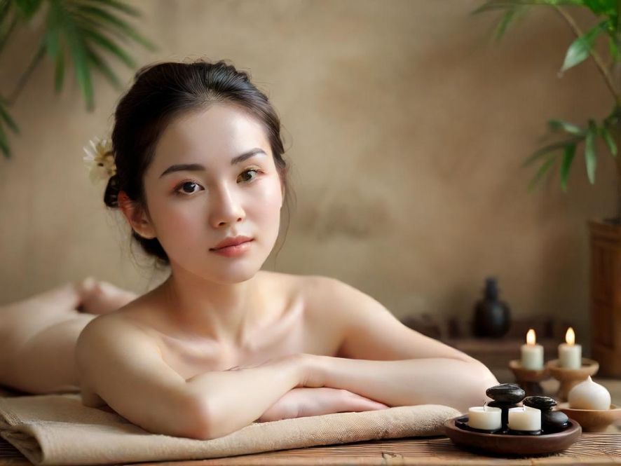 一位顾客正在享受专业的精油SPA服务,特写镜头展现了理疗师的细致手法,周围环境宁静舒适,自然光线营造出放松的氛围。