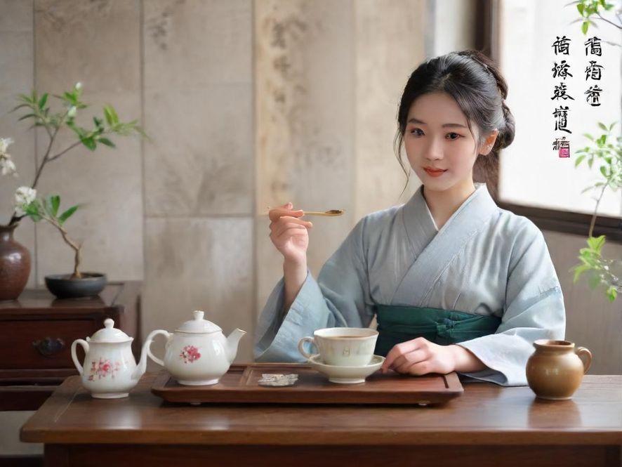 一位女士在古色古香的茶室中，轻柔品味香茗，享受片刻宁静与雅致。