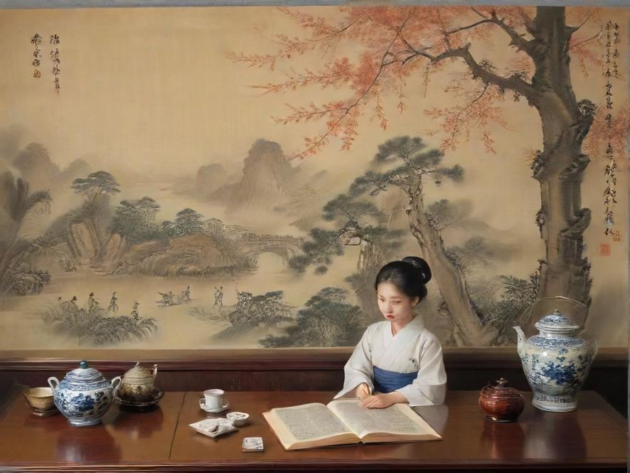 在柔和灯光下，一位身着典雅旗袍的佳人，与宾客在充满东方美学的茶室中轻声交谈，背景隐约可见广州的城市轮廓，营造出一种私密而温馨的氛围。