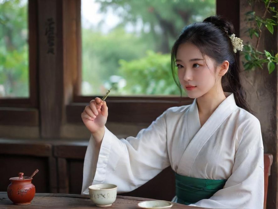 一位女士在高端工作室中品尝精致茶点,享受私密时光