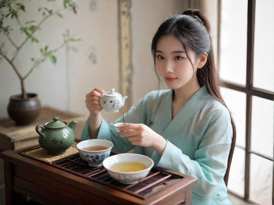 一位优雅的女性在光线柔和的私密茶室中，轻柔地品味着手中的香茗，神情放松而专注。